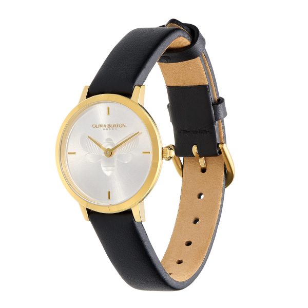 28mm Bee Ultra Slim Gold & Black Leather Strap Watch - Image 2