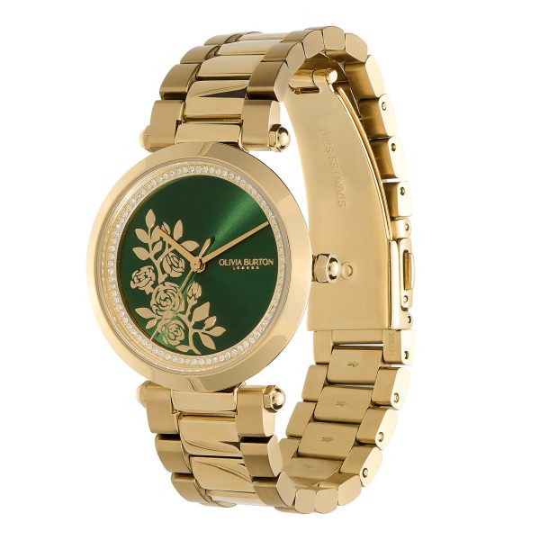 34mm Floral T-Bar Green & Gold Bracelet Watch - Image 2