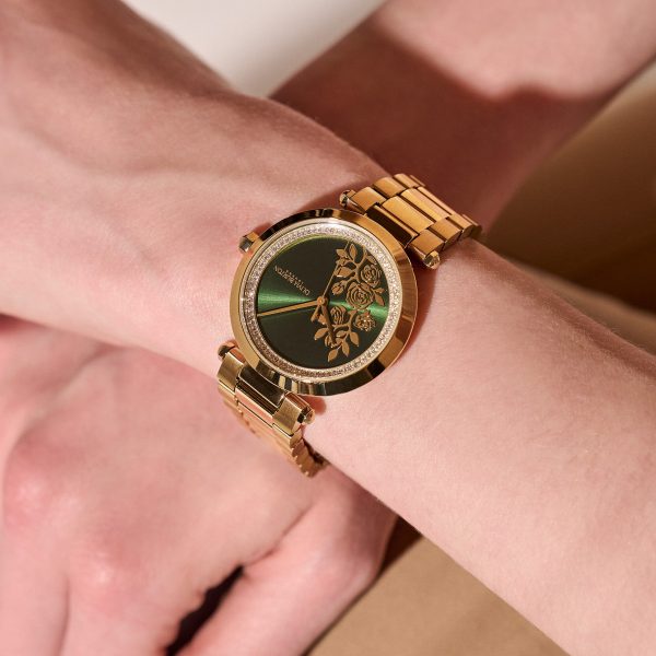 34mm Floral T-Bar Green & Gold Bracelet Watch - Image 3