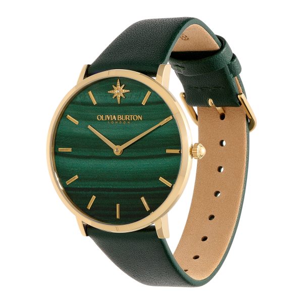 40mm Faux Malachite, Gold & Green Leather Strap Watch - Image 2