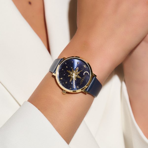 35mm Nova Slim Gold & Sapphire Blue Leather Strap Watch - Image 3