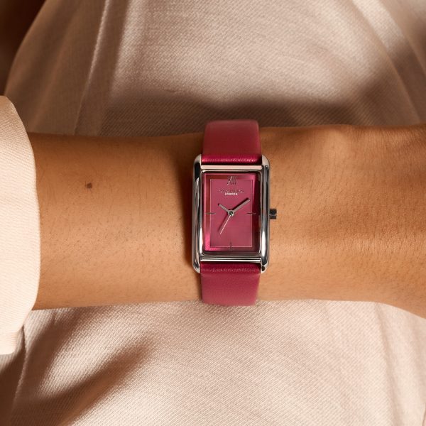 23mm Grove Silver & Cranberry Leather Strap Watch - Image 3