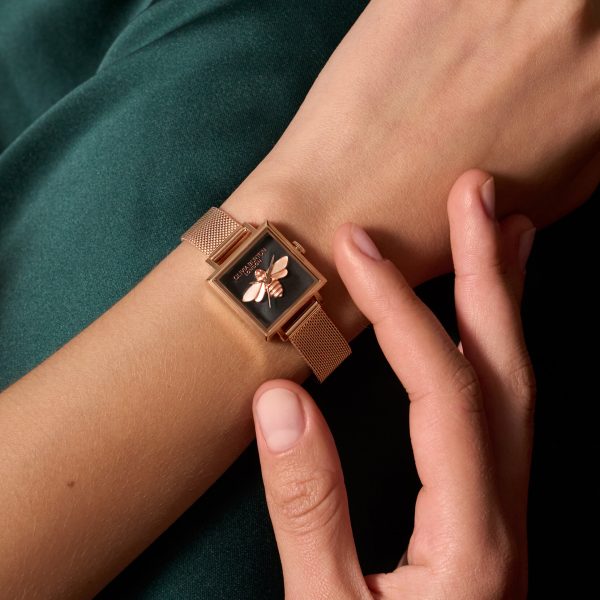 23mm Lucky Bee Black & Rose Gold Mesh Watch - Image 3