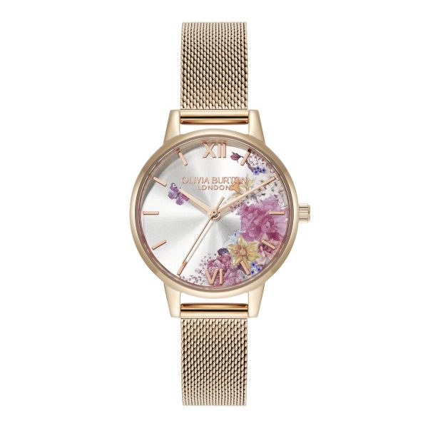 30mm Illustrated Florals Rose Gold Mesh Watch