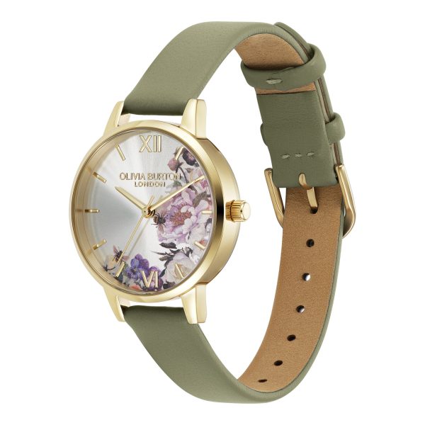 30mm Illustrated Florals Gold & Sage Green Leather Strap Watch - Image 2