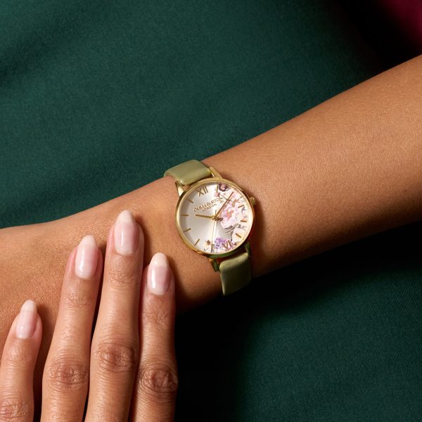 30mm Illustrated Florals Gold & Sage Green Leather Strap Watch - Image 3