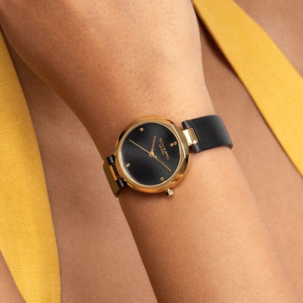 32mm Dimension T-Bar Gold & Black Leather Strap Watch - Image 3