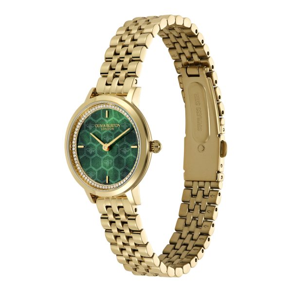 28mm Honeycomb Ultra Slim Forest Green & Gold Bracelet Watch - Image 2