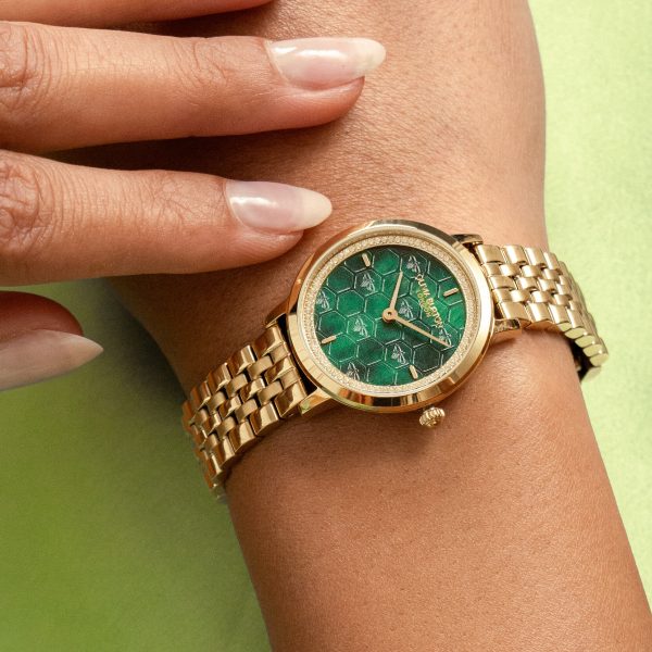 28mm Honeycomb Ultra Slim Forest Green & Gold Bracelet Watch - Image 3