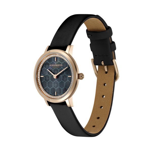 28mm Honeycomb Ultra Slim Rose Gold & Black Leather Strap Watch - Image 2
