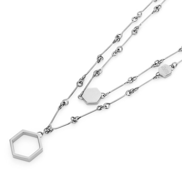 Honeycomb Silver Tone Double Chain Necklace - Image 4